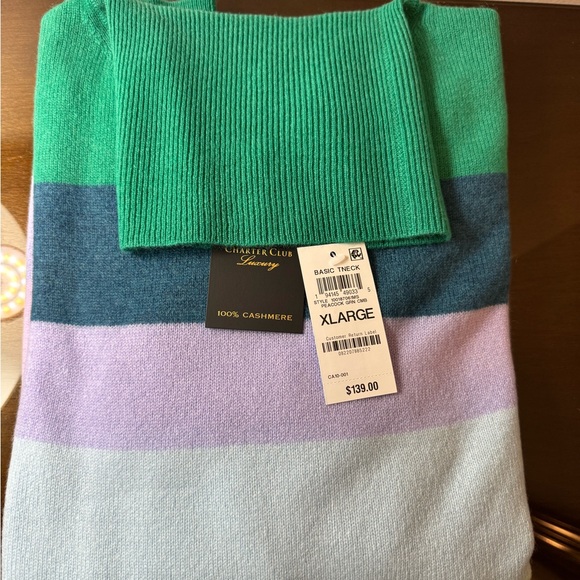 Charter Club Sweaters - Charter Club Women's Striped Cashmere Turtleneck Sweater Peacock Green Combo